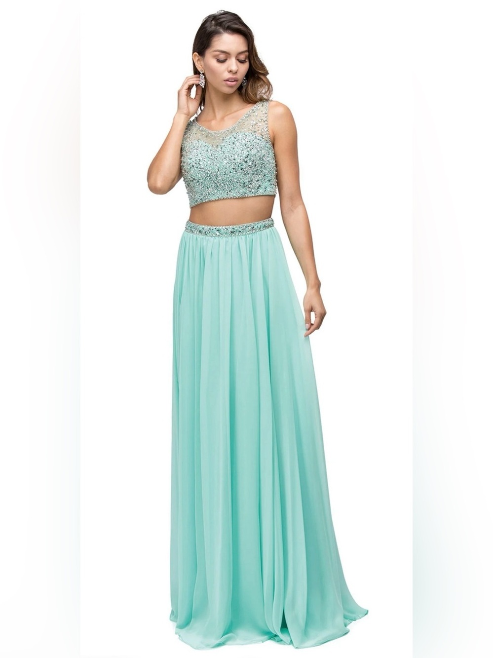 Dancing Queen Mint Chiffon Two-Piece A-Line Dress Embellished Bodice Sz S #9574